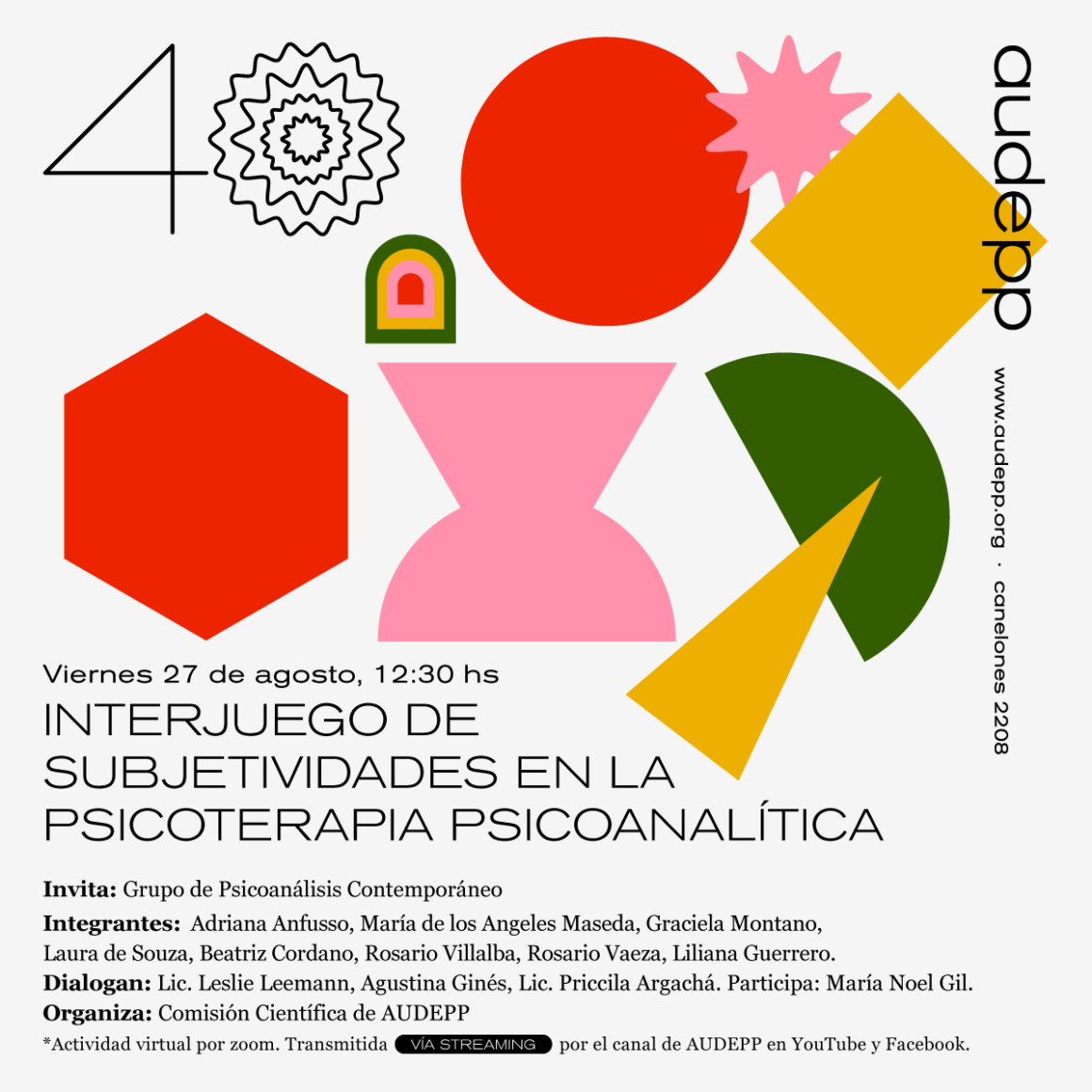 Actividad abierta a todo público vía streaming. «Interjuego de subjetividades en la psicoterapia psicoanalítica» Viernes 27 de agosto, hora 12.30